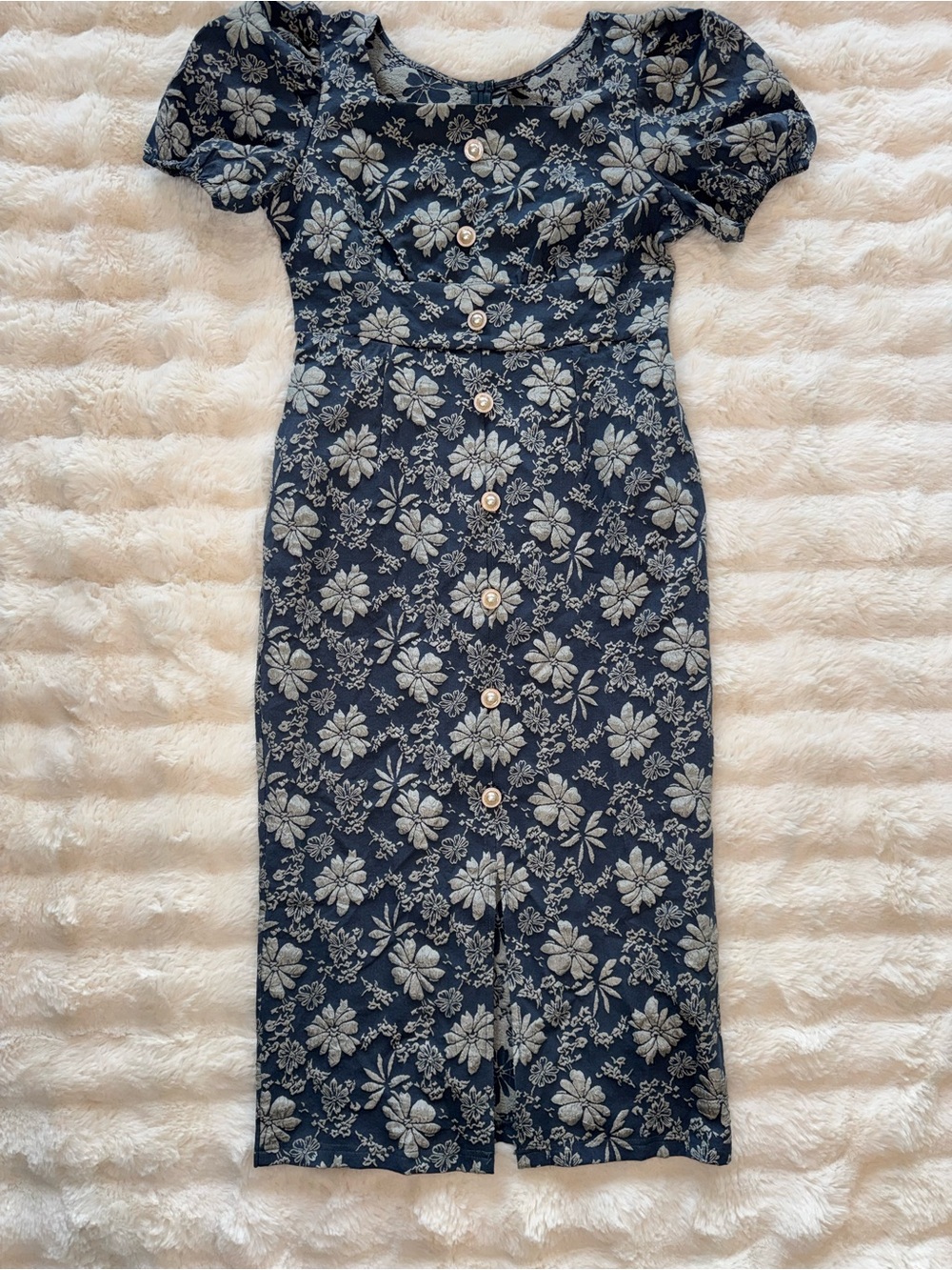 SHEIN Floral Button-Front Navy Midi Dress L